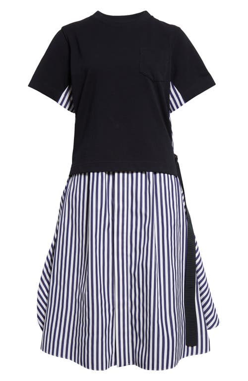 Shop Sacai X Thomas Mason Layered Mixed Media Dress In Navy Stripe