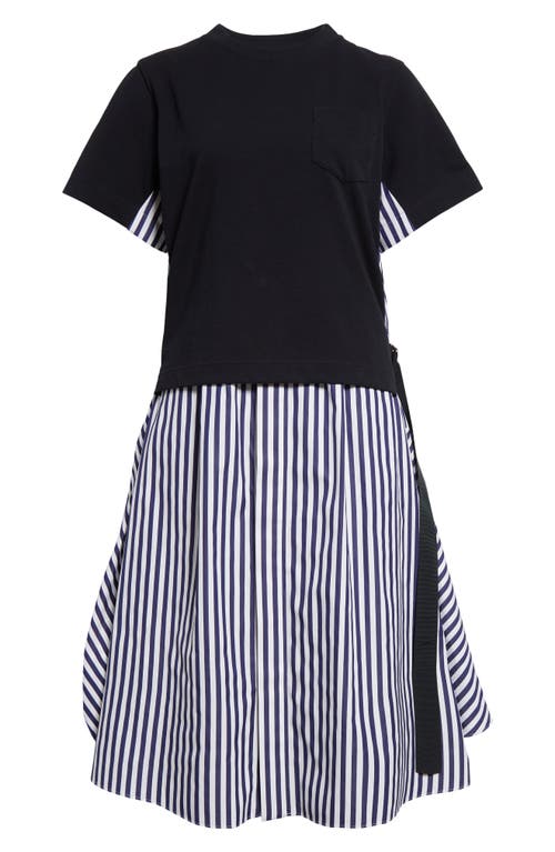 Sacai X Thomas Mason Layered Mixed Media Dress In Navy Stripe