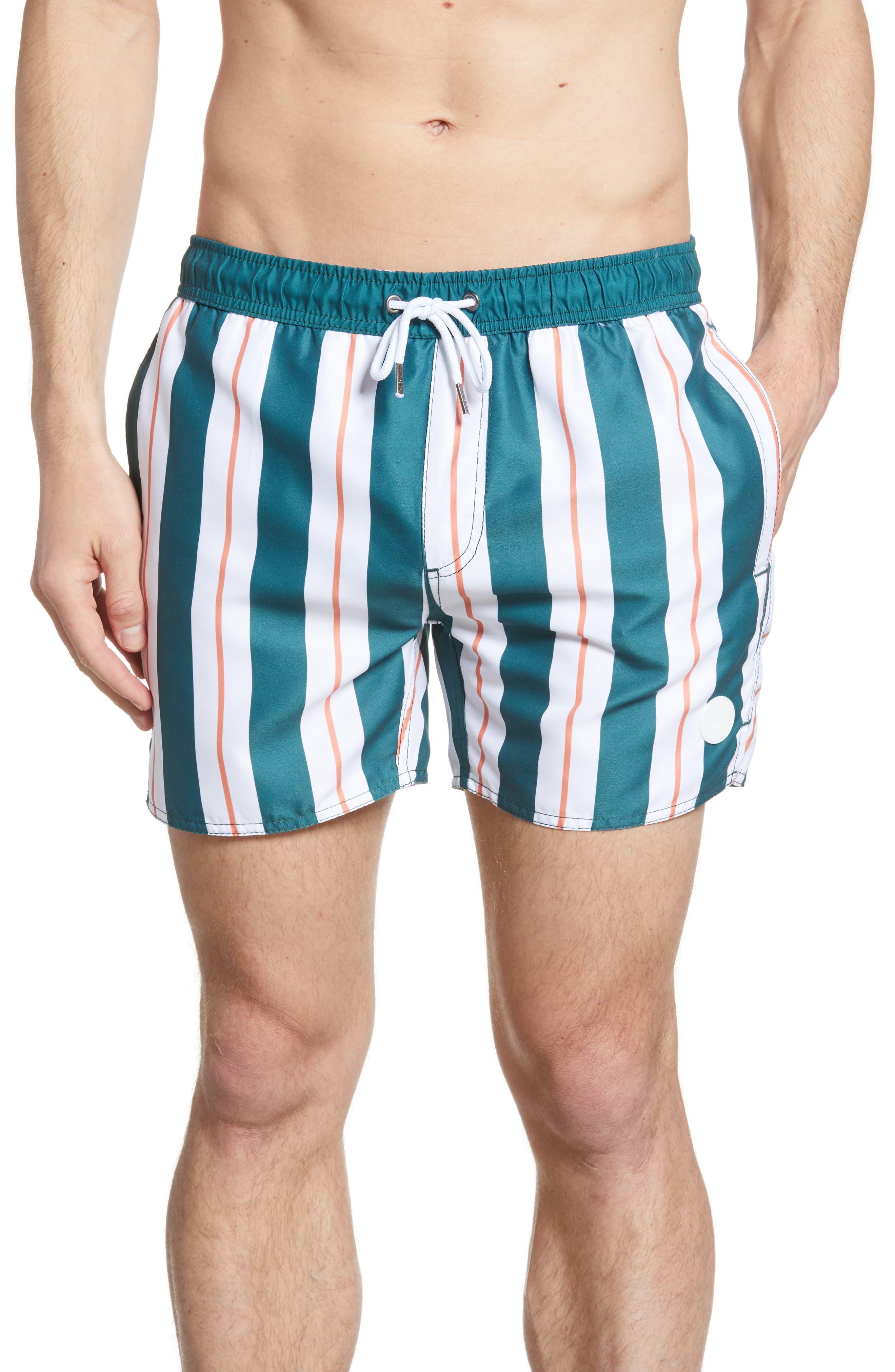 Rhythm Vertical Stripe Print Swim Trunks, Green
