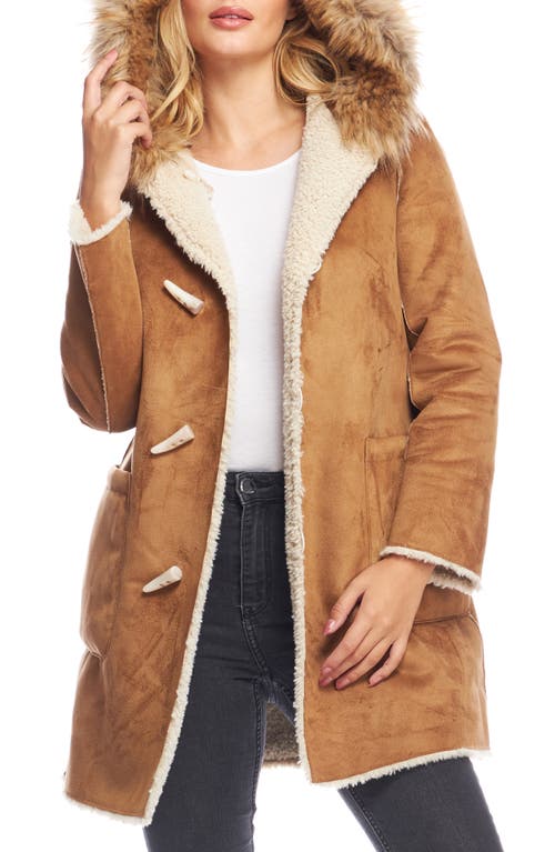 Summit Reversible Faux Shearling & Faux Suede Coat with Faux Fur Trim Hood in Tobacco
