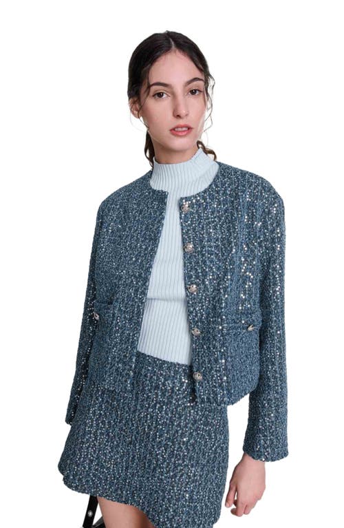 Shop Maje Sequinned Tweed Jacket In Blue Silver