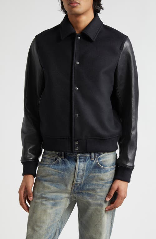 Wool Blend & Leather Varsity Jacket in Black