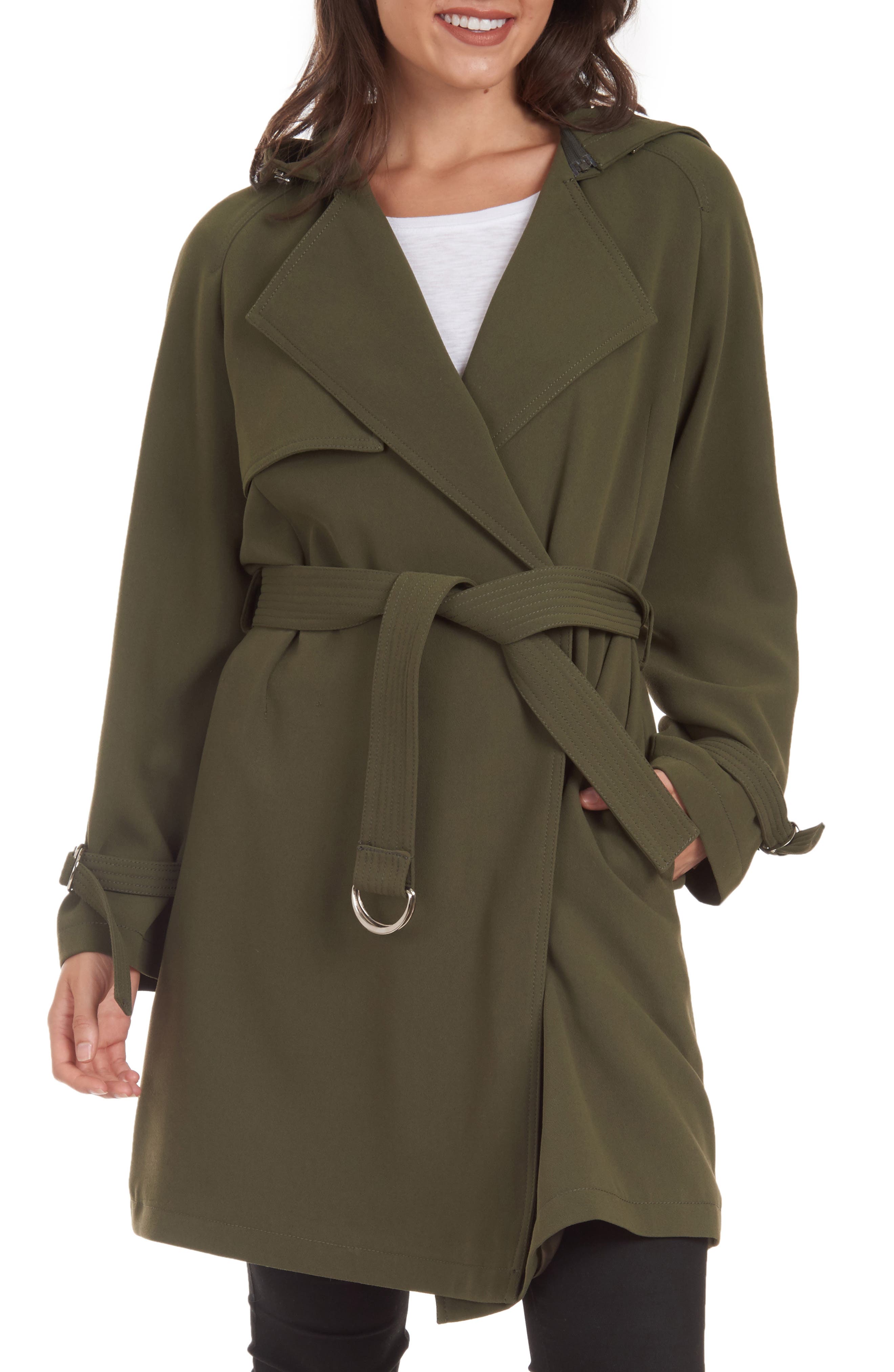 rachel double breasted long trench coat with detachable hood