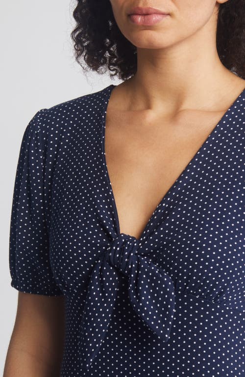 Shop Loveappella Polka Dot Puff Sleeve Midi Dress In Navy/white