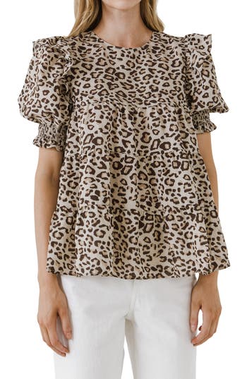 Free The Roses Animal Print Tiered Blouse In Beige Combo