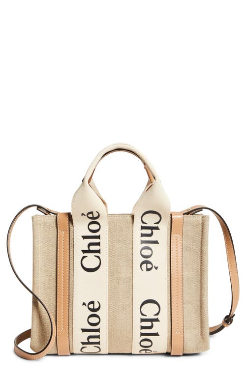 Chloé Small Woody Logo Strap Linen Tote in White - Beige