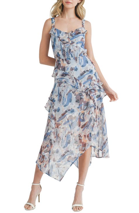 Asymmetric Hem Abstract Print Chiffon Dress