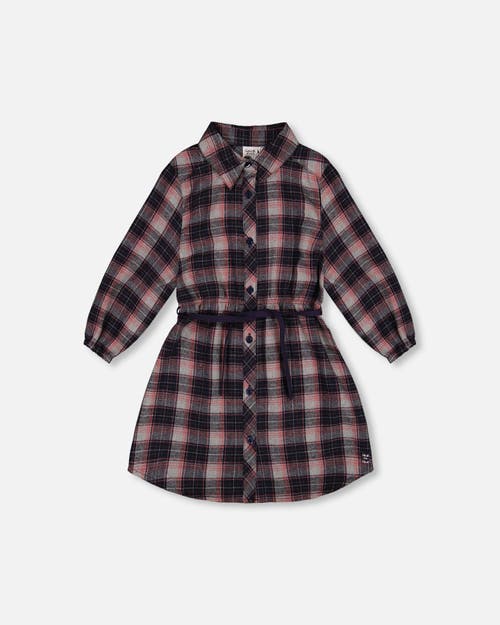 Shop Deux Par Deux Girl's Shirt Flannel Dress With Belt Plaid Navy And Pink In Plaid Outdoor