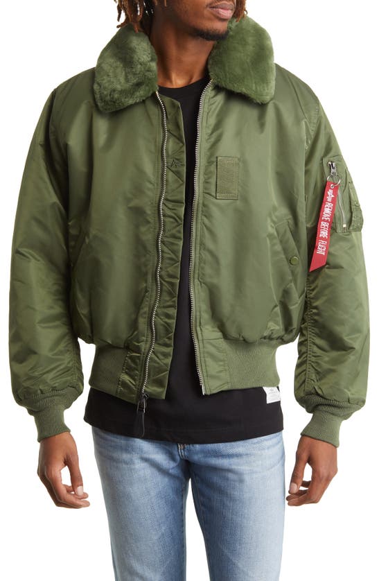 Alpha Industries Alpha B-15 Water Resistant Flight Jacket With Removable Faux Fur Collar In Sage