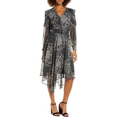 Sam Edelman Western Flower Long Sleeve Handkerchief Dress, Blue