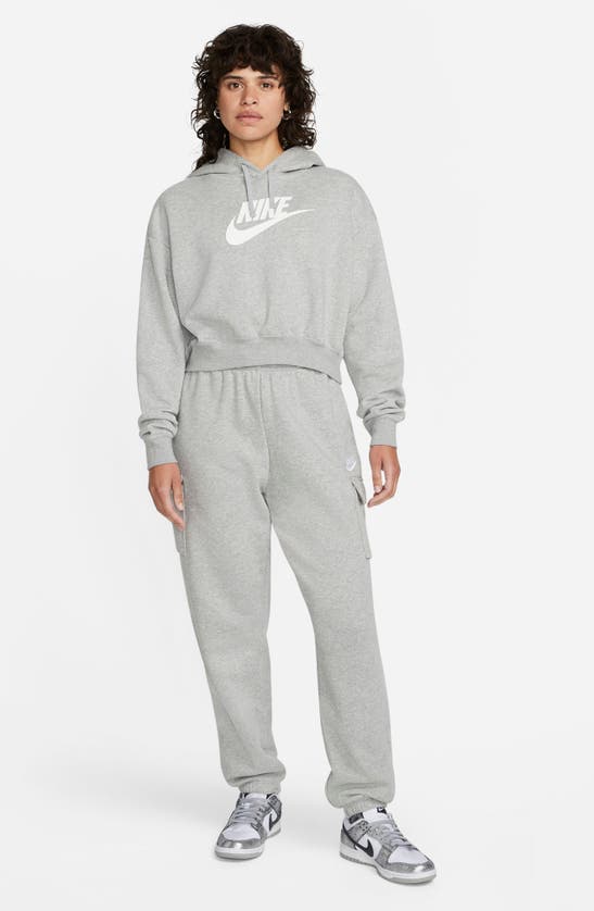 Shop Nike Sportswear Club Fleece Crop Hoodie Sweatshirt In Dk Grey Heather/ White