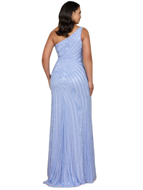 Lara New York One-shoulder Beaded Gown With Slit In Blue Iris