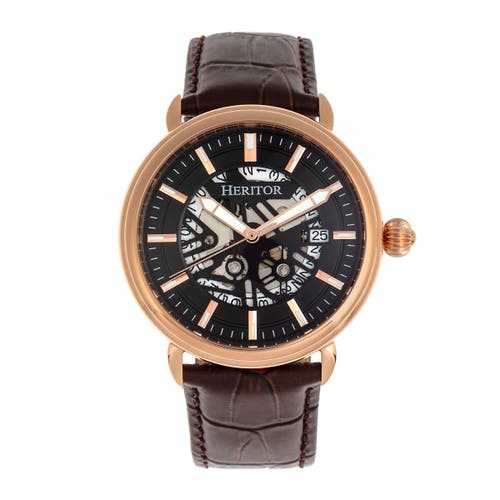 Heritor Automatic Men's Black / Rose Gold Mattias Semi-skeleton Leather-band Watch With Date - Black, Rose Gold In Rose Gold/black