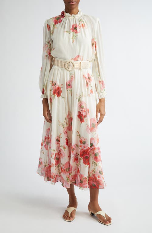 Shop Zimmermann Lightburst Floral Belted Cotton & Silk Maxi Skirt In Cream/red Floral