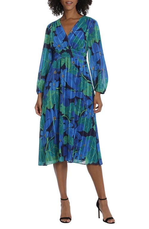 Maggy London Floral Long Sleeve Midi Dress In Navy/cobalt