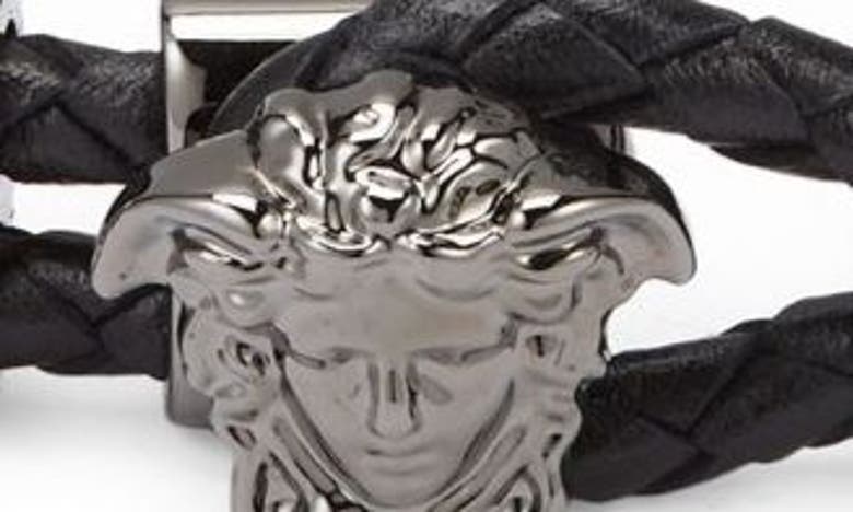 Versace Medusa Braided Leather Bracelet In Black/ Silver