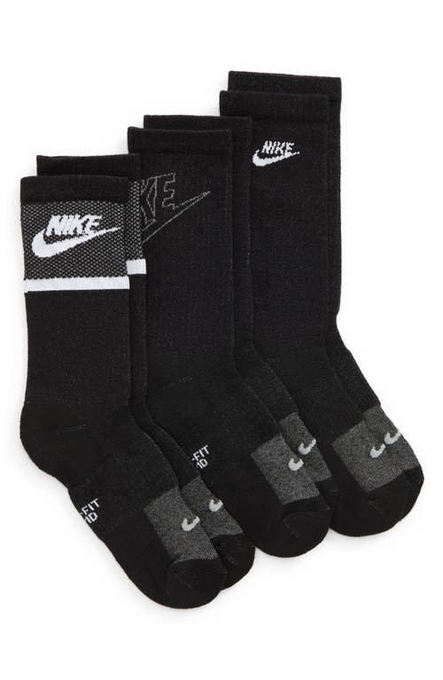 Nike Kids' Assorted 3-Pack Everyday Cushioned Crew Socks in Black