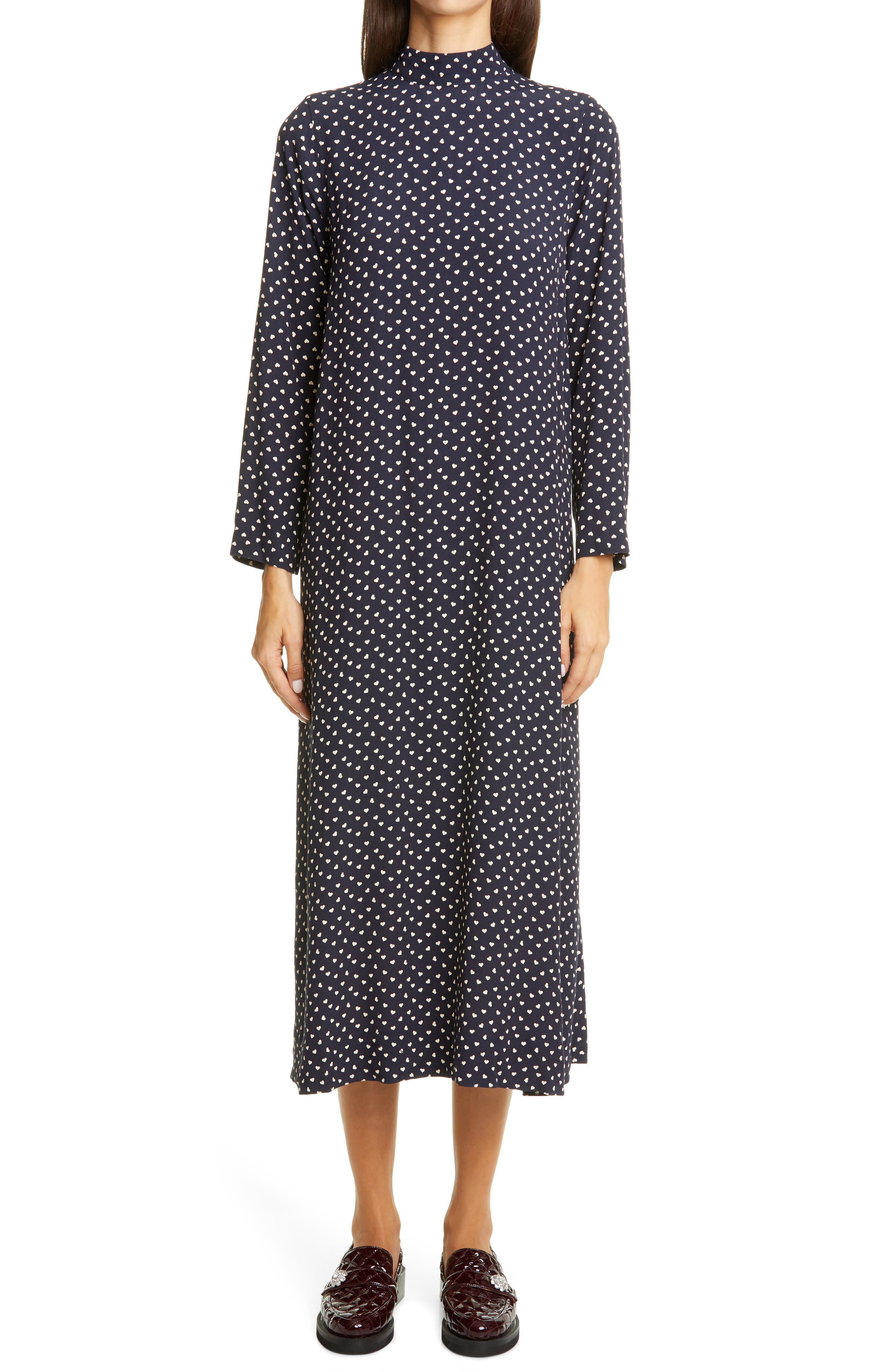GANNI HEART PRINT CREPE LONG SLEEVE MIDI DRESS,5714667076227