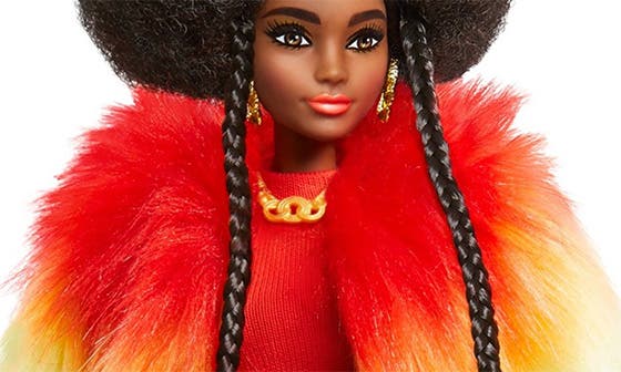 barbie extra doll in rainbow coat with pet poodle