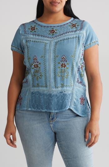 Forgotten Grace Mineral Wash Embroidered Top In Denim