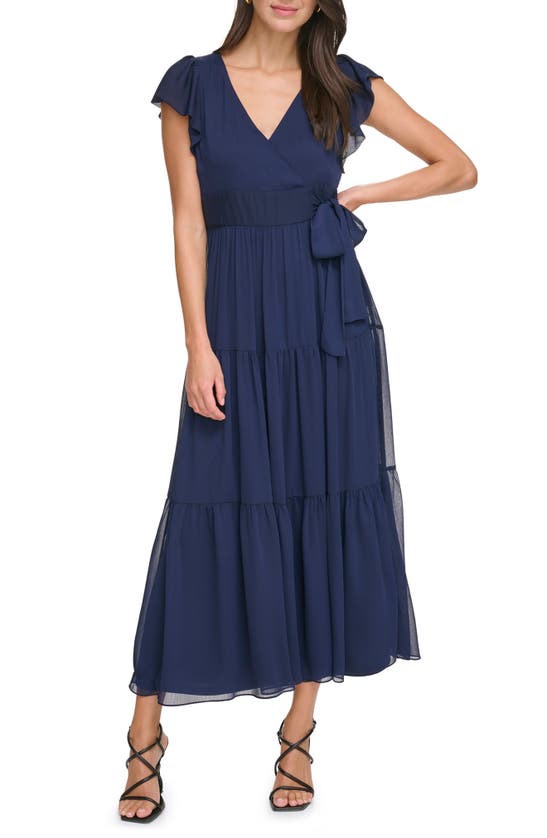 Dkny Flutter Sleeve Tiered Maxi Dress In Navy