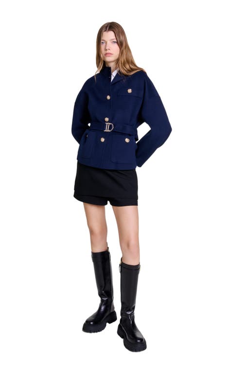 Shop Maje Belted Short Wool Coat In Navy