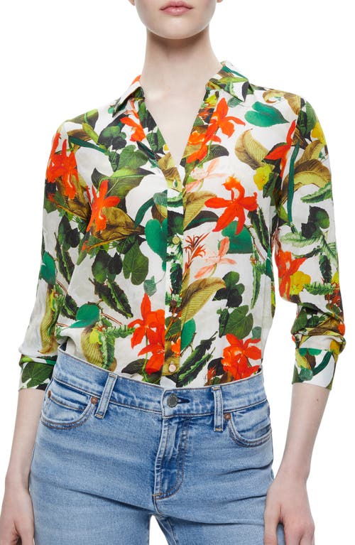 Alice + Olivia Eloise Tropical Print Blouse in Tropical Palm Off White