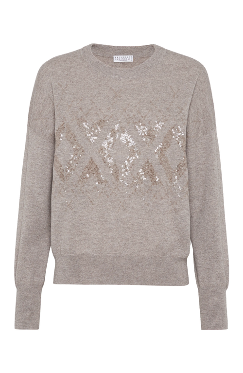 Shop Brunello Cucinelli Virgin Wool, Cashmere And Silk Sweater With Dazzling Mosaic Embroidery In Cool Beige