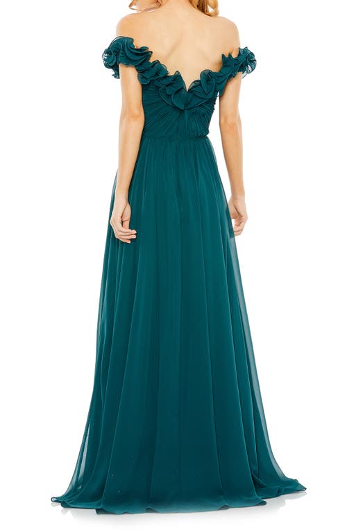 Shop Mac Duggal Ruched Off The Shoulder A-line Gown In Teal