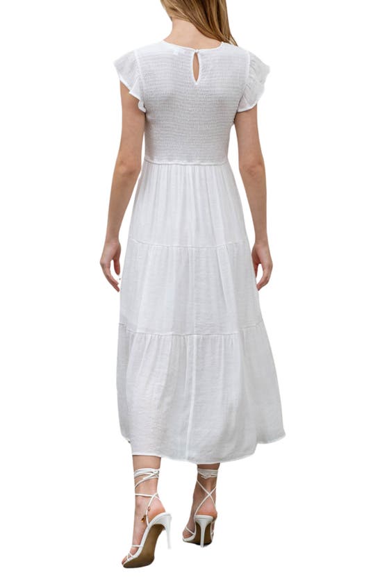 Shop Blu Pepper Flutter Sleeve Smocked Tiered Midi Dress In White