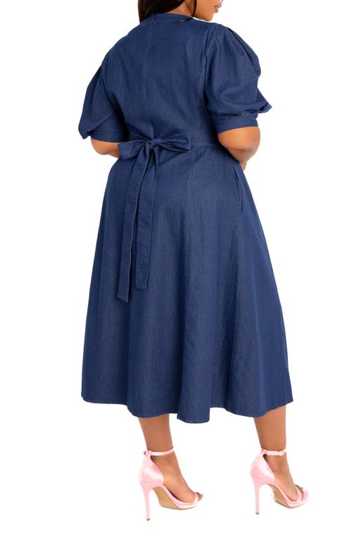 Shop Buxom Couture Puff Sleeve Denim Midi Dress In Denim Blue