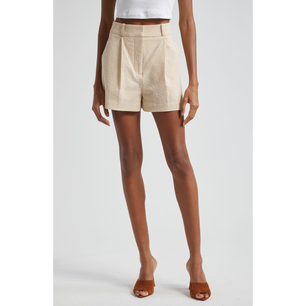 Veronica Beard Haina Striped Cotton-blend Seersucker Shorts In Khaki/white