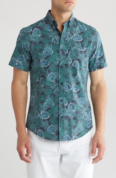 Palm Print Seersucker Button-Down Shirt