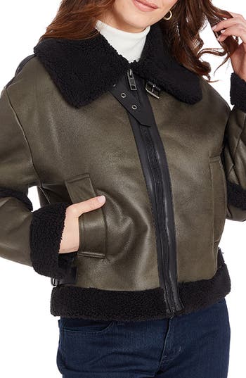 Frye Faux Shearling Aviator Jacket In Olive Green