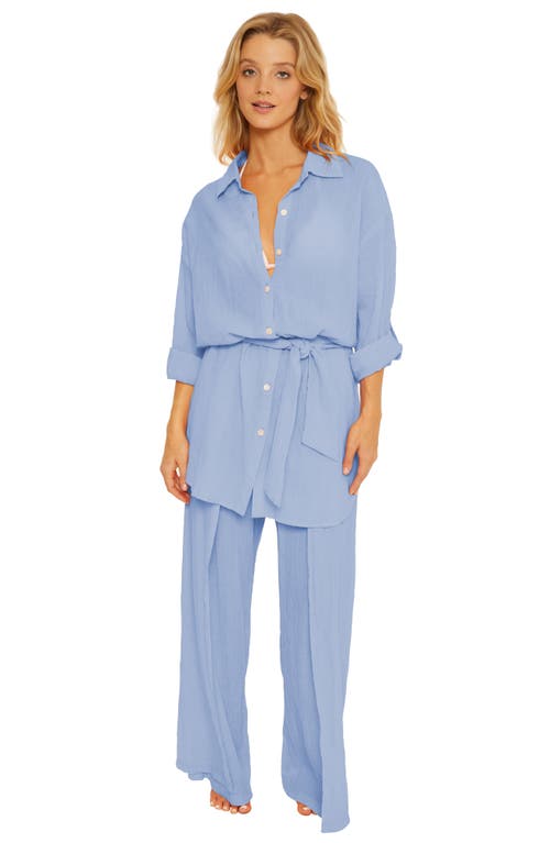 Becca Long Sleeve Tie Waist Cotton Shirtdress In Coastline