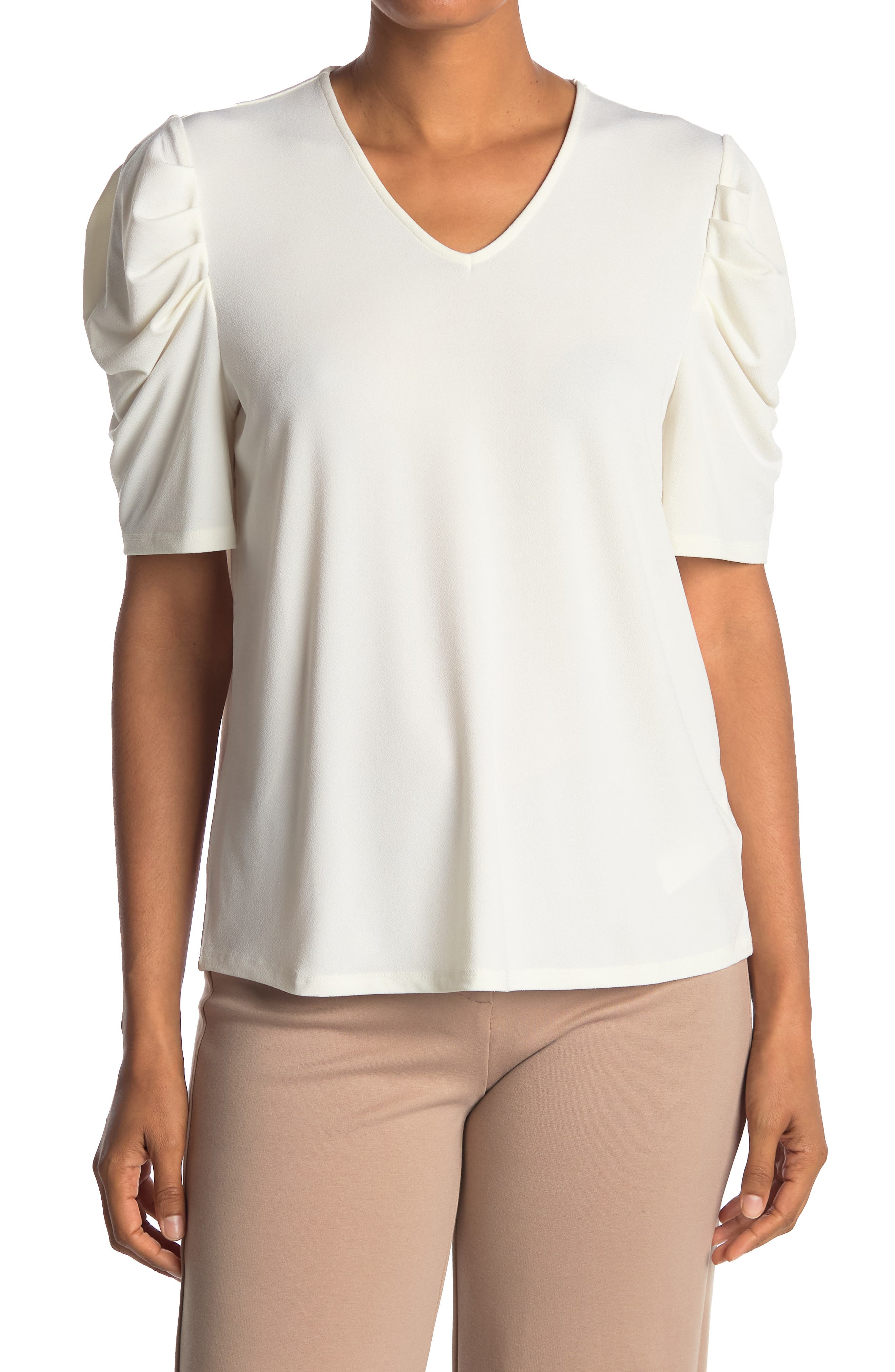 Adrianna Papell V-neck Puff Shoulder Moss Crepe Top In Open White84