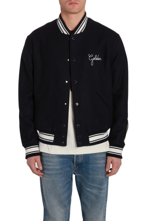 Logo Emboidered Wool Varsity Jacket in Dark Blue