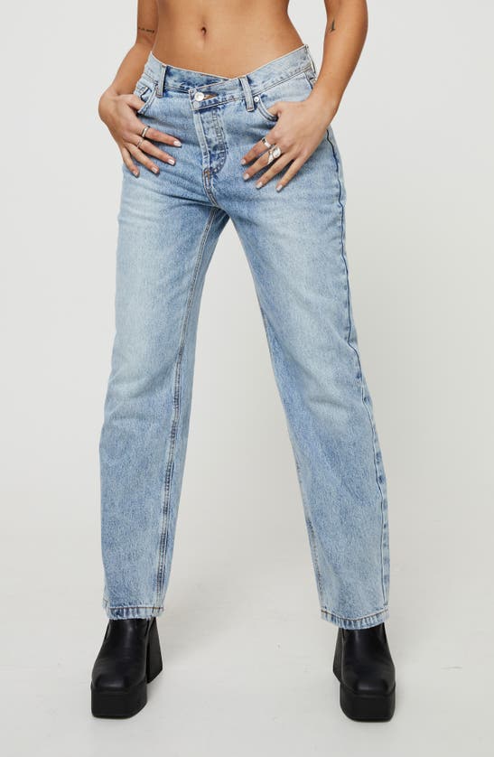 Shop Princess Polly Holly Asymmetric Crossover Waist Rigid Straight Leg Jeans In Blue