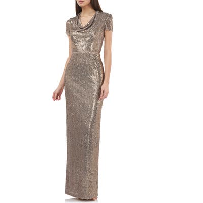 Js Collections Sequin Cowl Neck Column Gown, Metallic