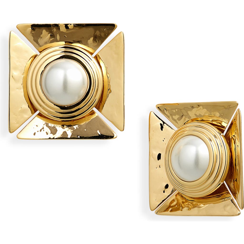 Saint Laurent Imitation Pearl Square Earrings In Gold