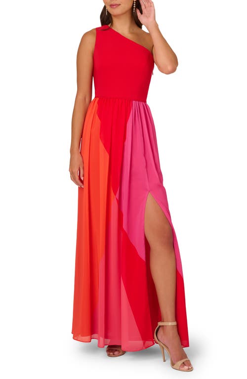 Colorblock One-Shoulder Chiffon Gown in Red Multi