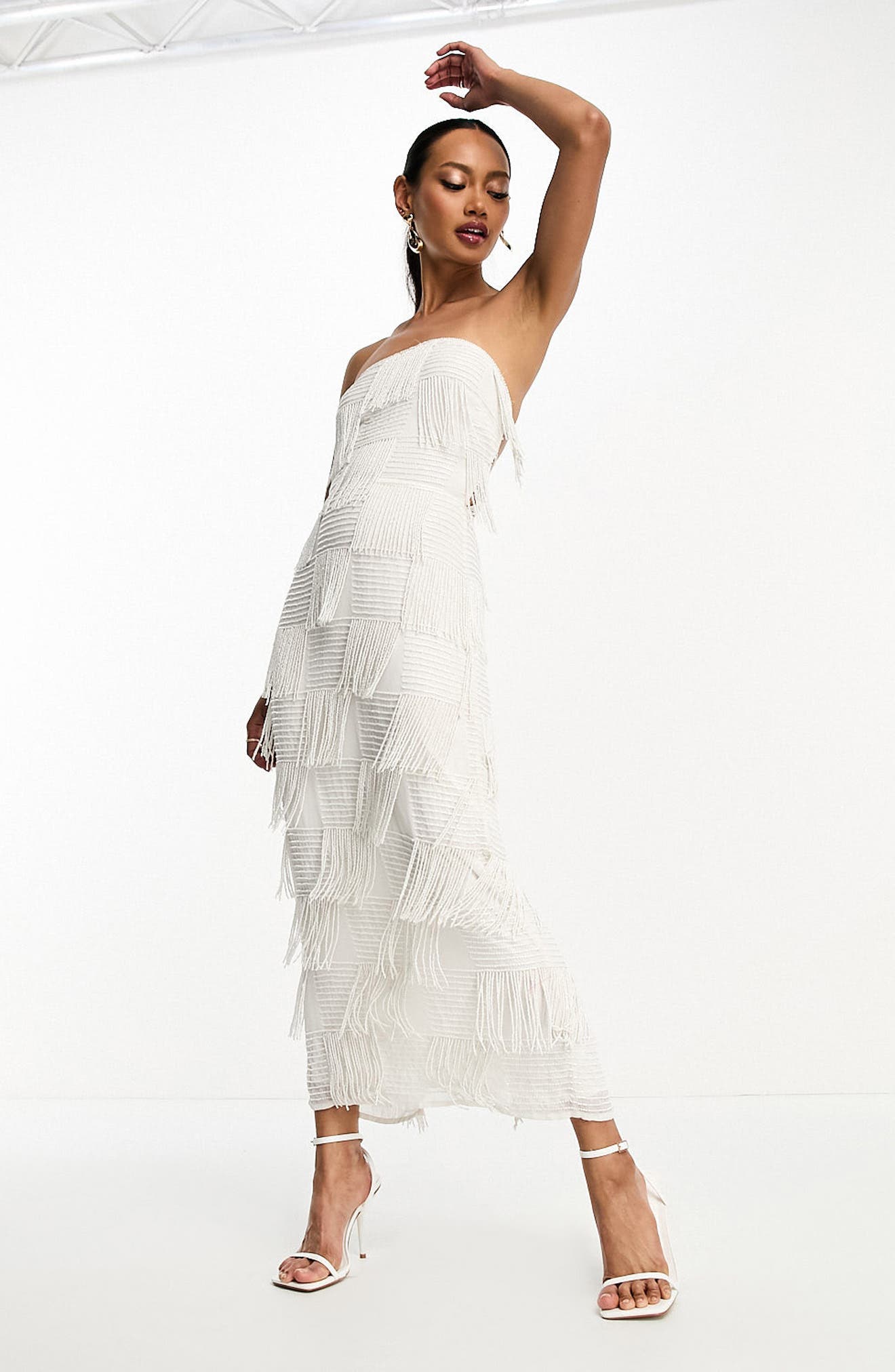 ASOS DESIGN tiered midi fringed dress with cross back detail in gold