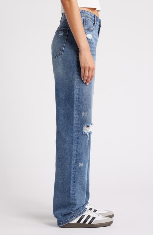 Shop Ptcl Rhinestone Bow Ripped High Waist Straight Leg Jeans In Indigo