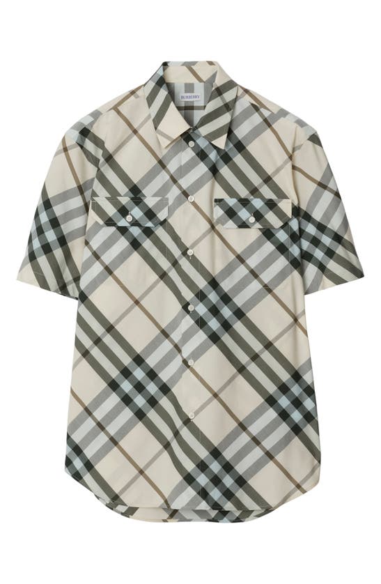 Shop Burberry Check Short Sleeve Cotton Button-up Shirt In Alabaster Ip Check