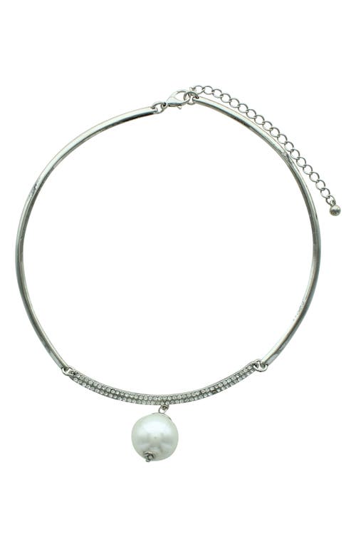 Shop Olivia Welles Nikki Iced Imitation Pearl Choker Necklace In Silver/white/clear