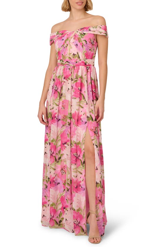 Adrianna Papell Floral Off The Shoulder Gown In Pink Multi