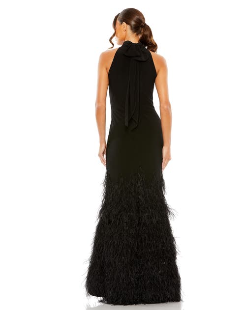 Mac Duggal Halter Gown With Feather Tiered Detail In Black