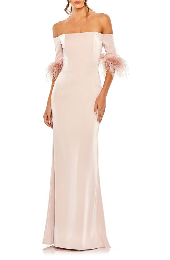 Mac Duggal Feather Trim Off The Shoulder Gown In Blush