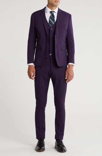 Gino Vitale Skinny Fit Solid Stretch Three Piece Suit In Plum