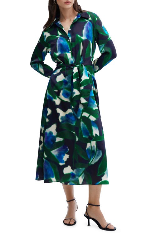 MANGO Abstract Print Tie Waist Long Sleeve Shirtdress Green at Nordstrom,